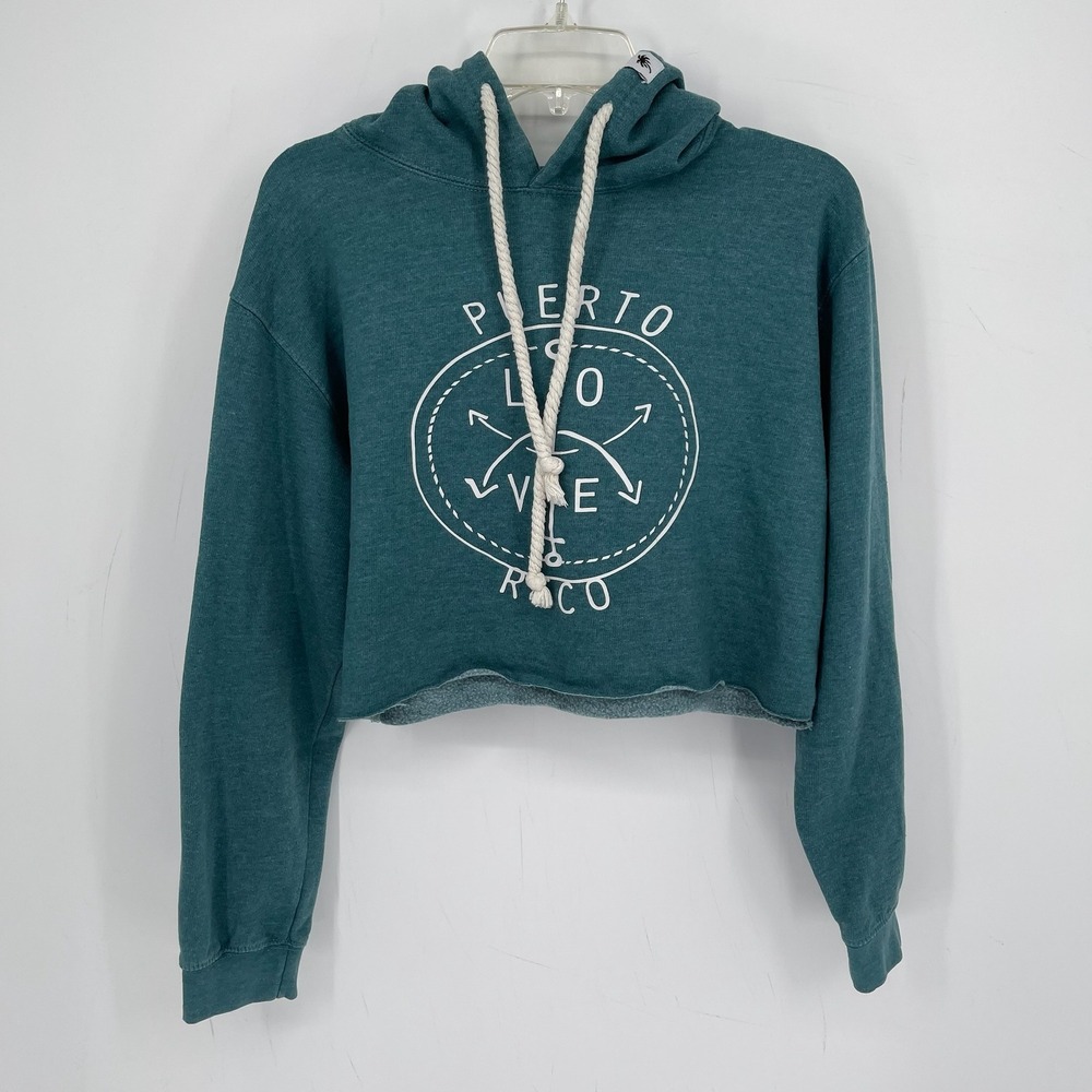 Pop Surf Women's Teal Puerto Rico Graphic Raw Hem Crop Hoodie Sweathirt Size L